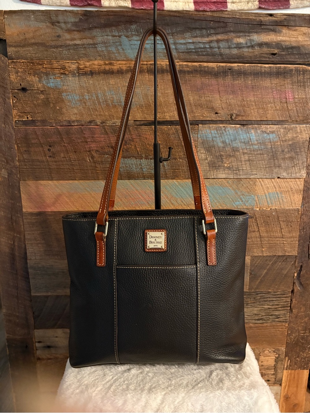 Dooney & Bourke Black Leather Tote with Brown Straps